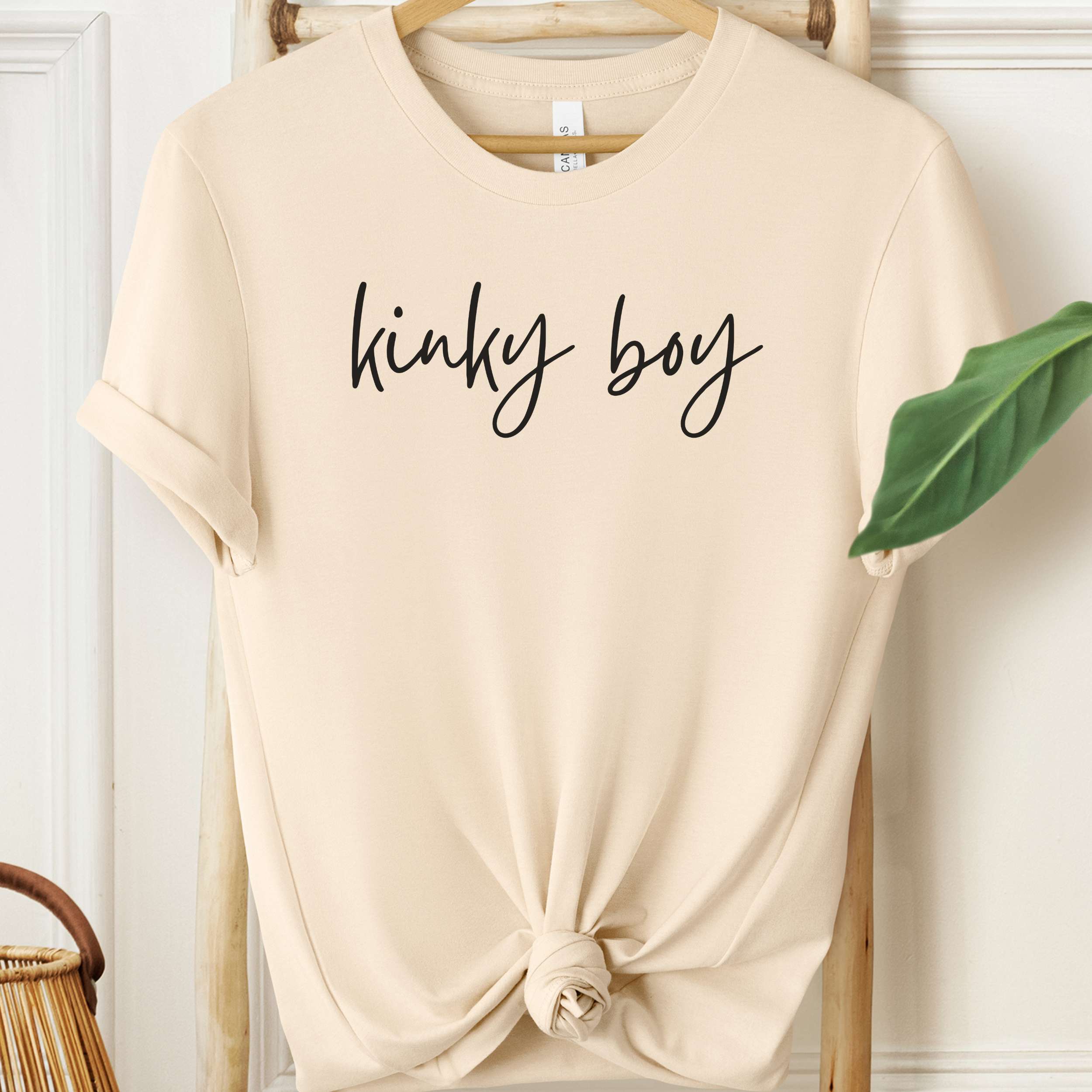 Beige t-shirt with 'kinky boy' text on a hanger against a white wall.