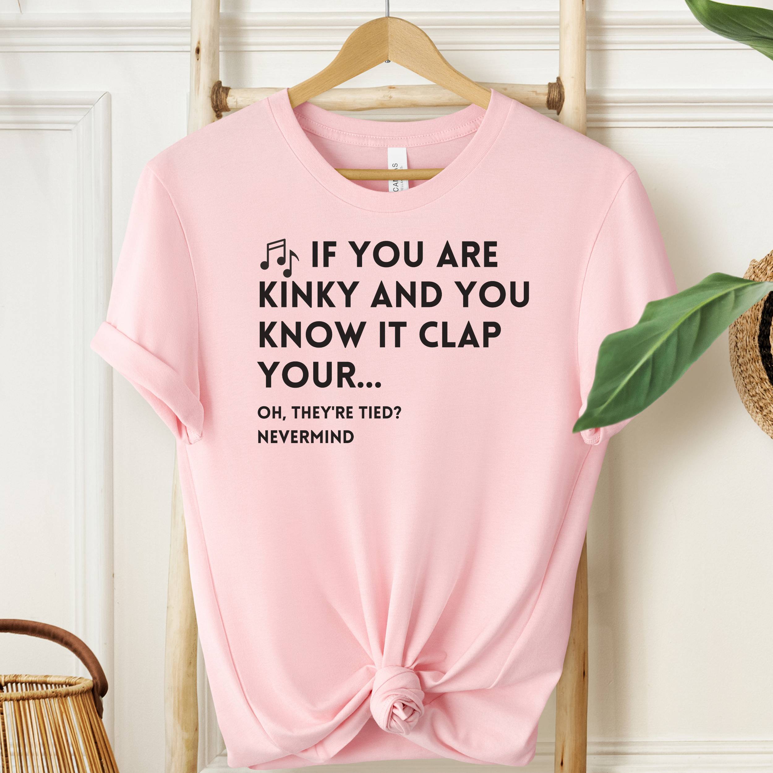 Pink t-shirt with humorous text on a hanger against a white wall.