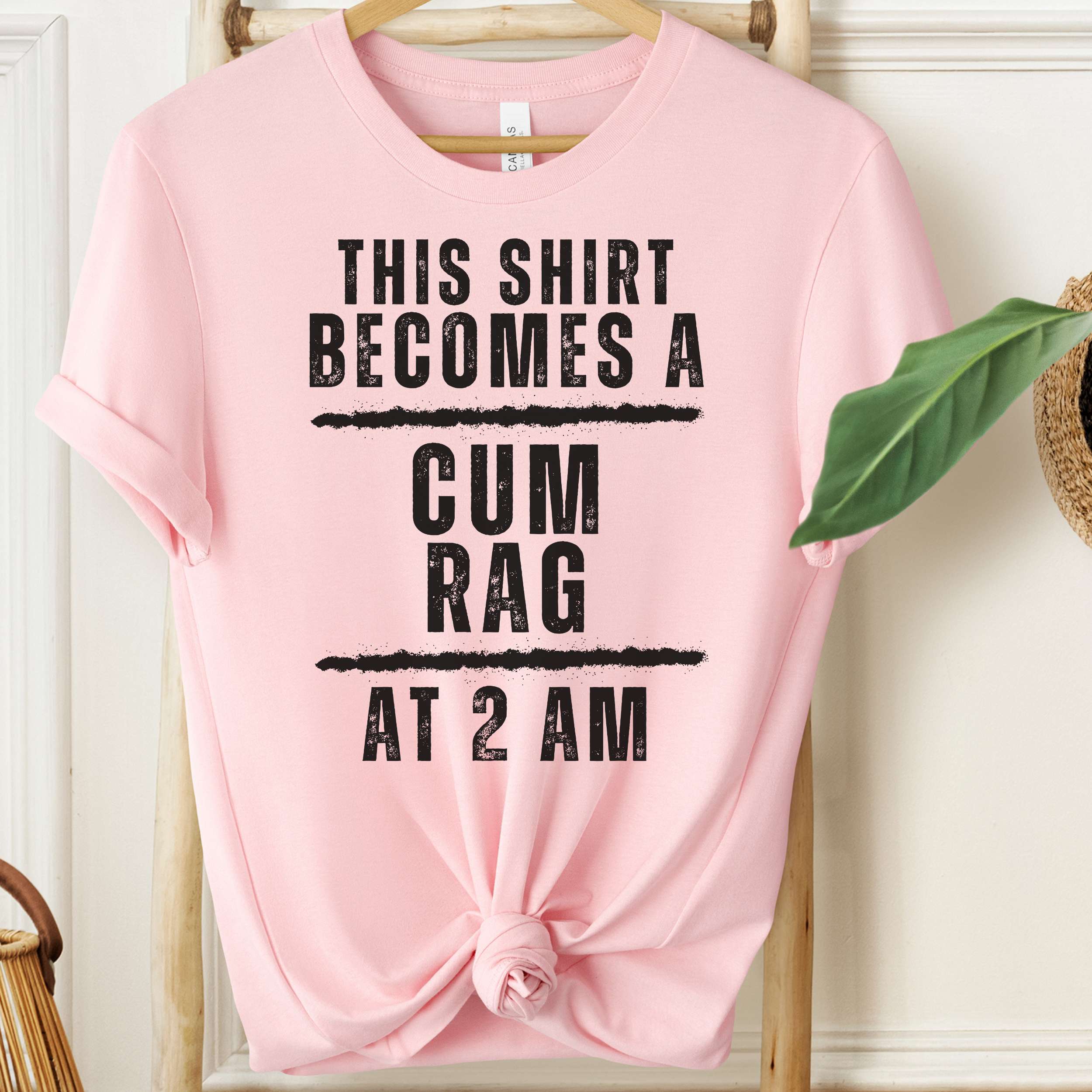 Pink t-shirt with humorous text on a wooden hanger against a white wall.