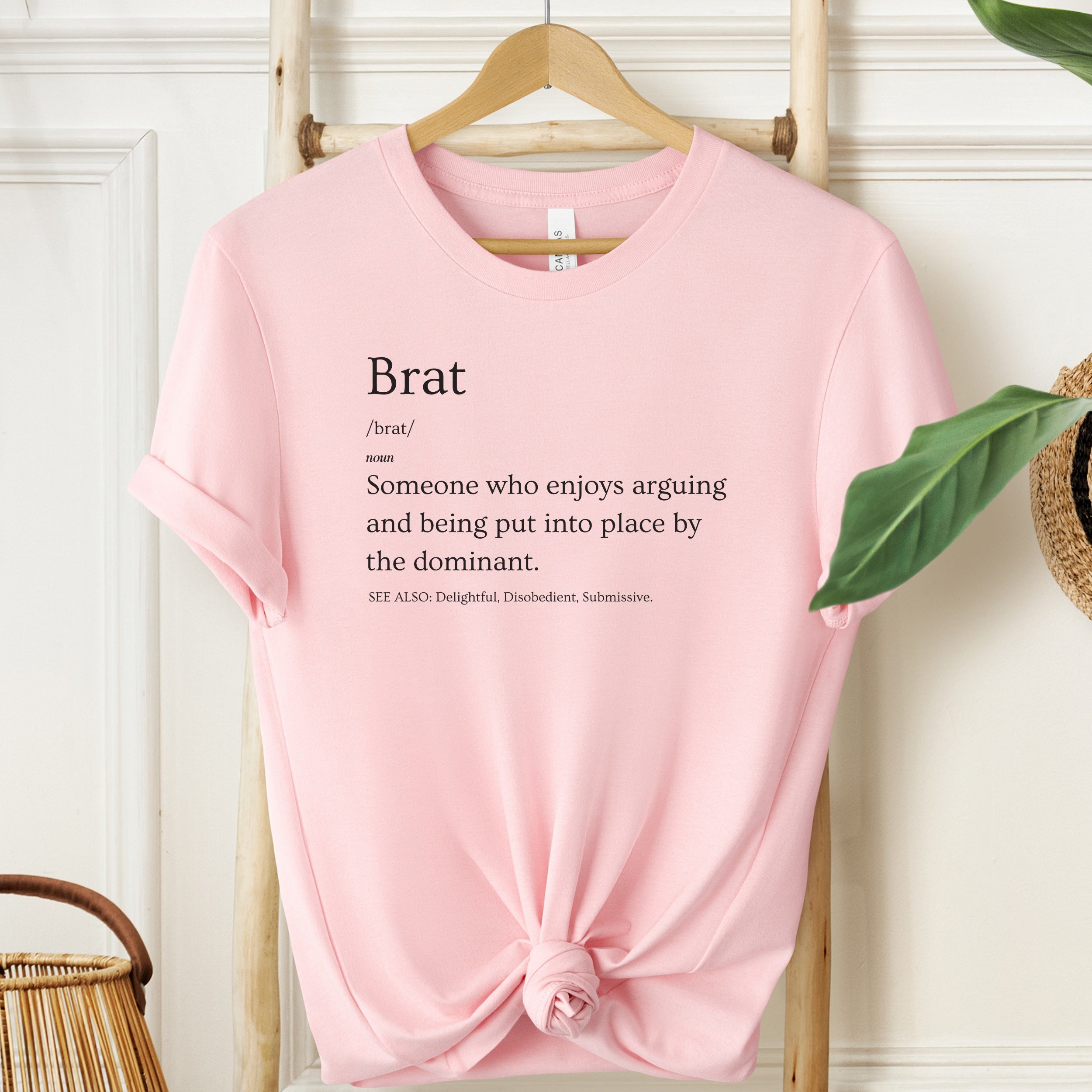 Pink t-shirt with text on a hanger against a white wall.