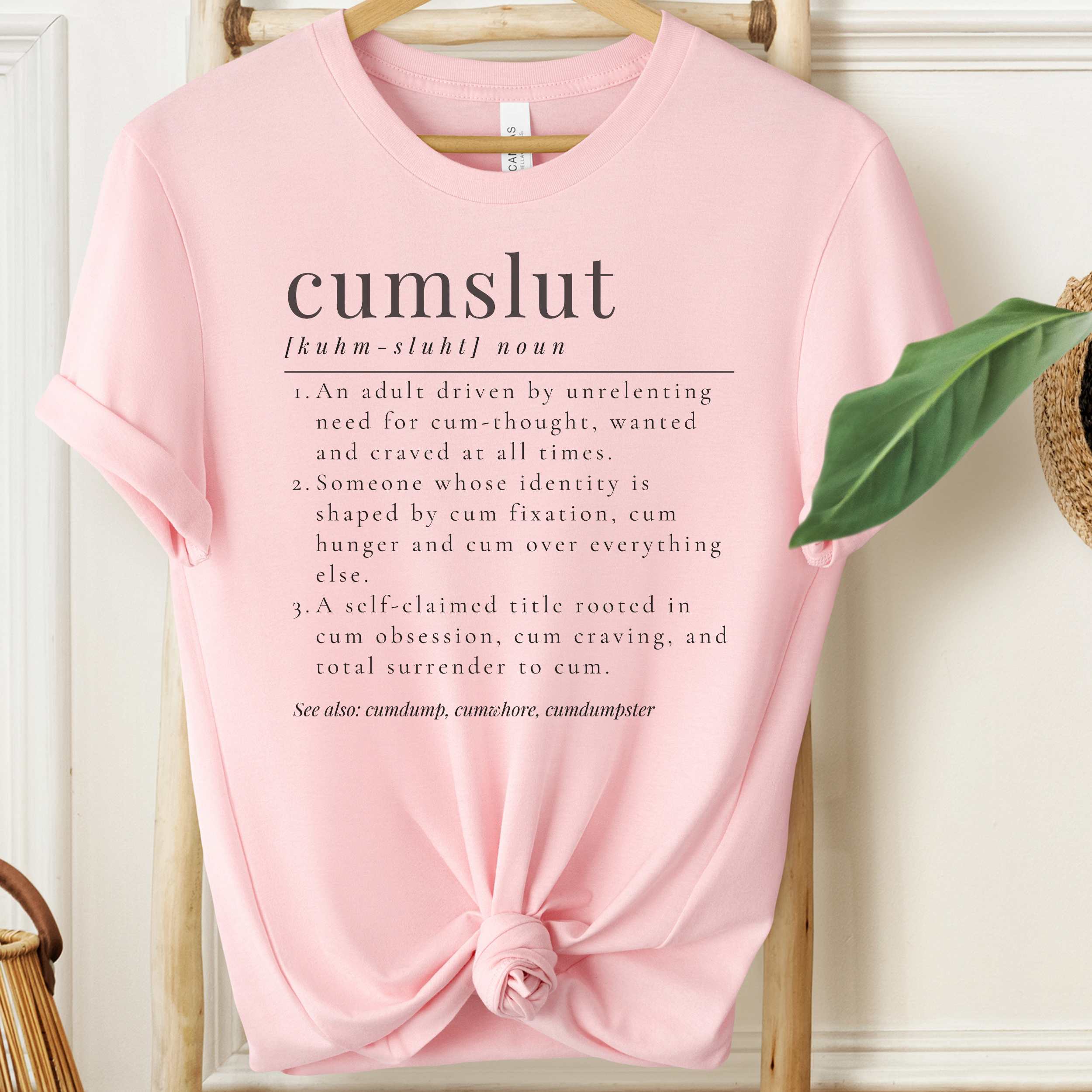 Pink t-shirt with text on a wooden hanger against a white wall.