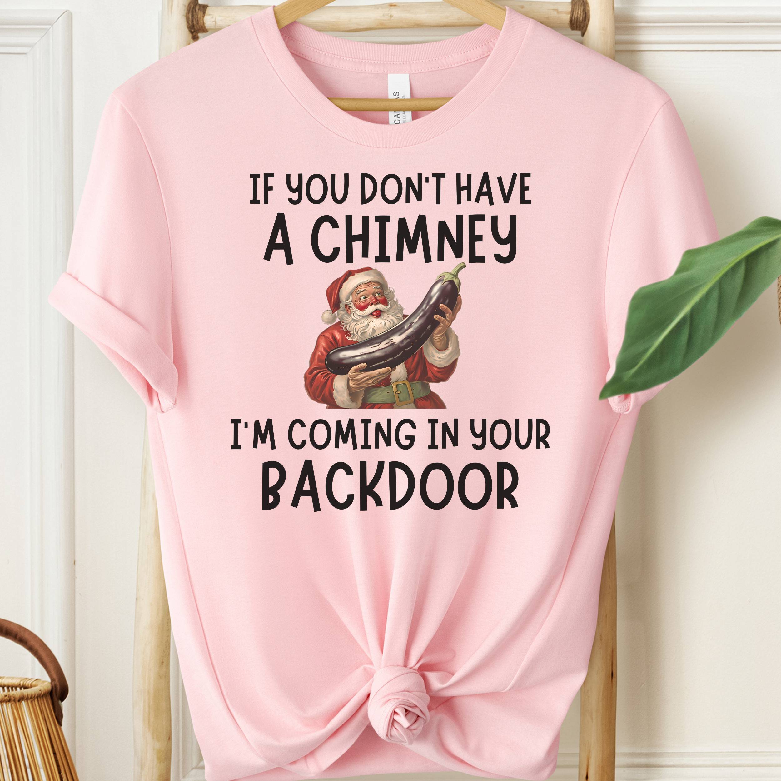 Pink t-shirt with Santa Claus graphic and humorous text on a hanger.