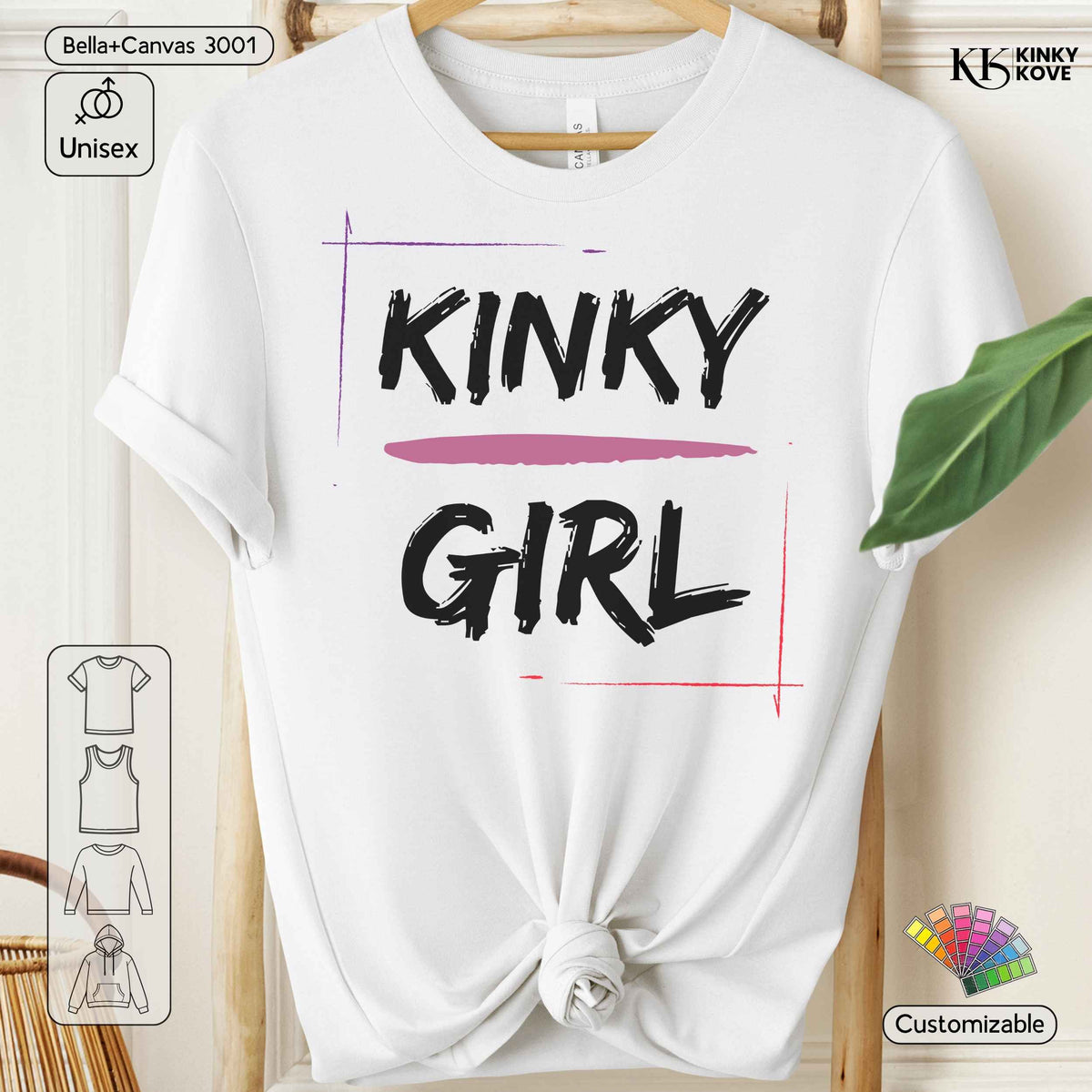 White short-sleeve graphic T-shirt hanging on a wooden hanger, with the words 'KINKY GIRL' printed in black brush-style lettering across the front. The shirt is styled with a knot at the hem and includes decorative mockups, branding badges, and a green leaf prop in the scene.