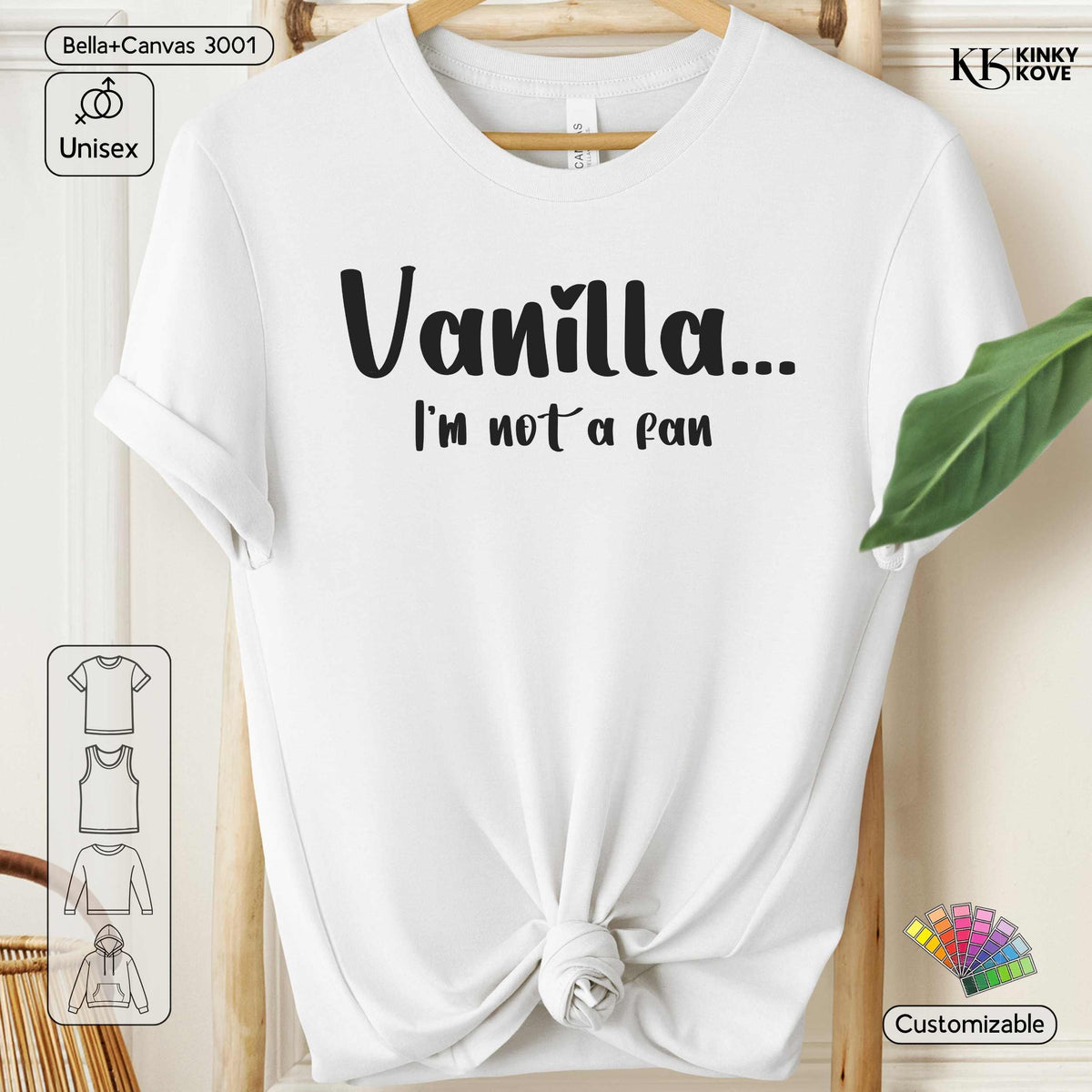 White short-sleeve t-shirt on a wooden hanger with a tied hem, featuring the black text 'Vanilla.