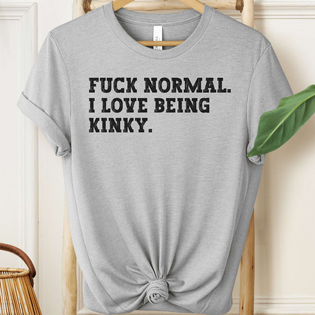 Gray t-shirt with black text 'FUCK NORMAL. I LOVE BEING KINKY.' on a wooden hanger.