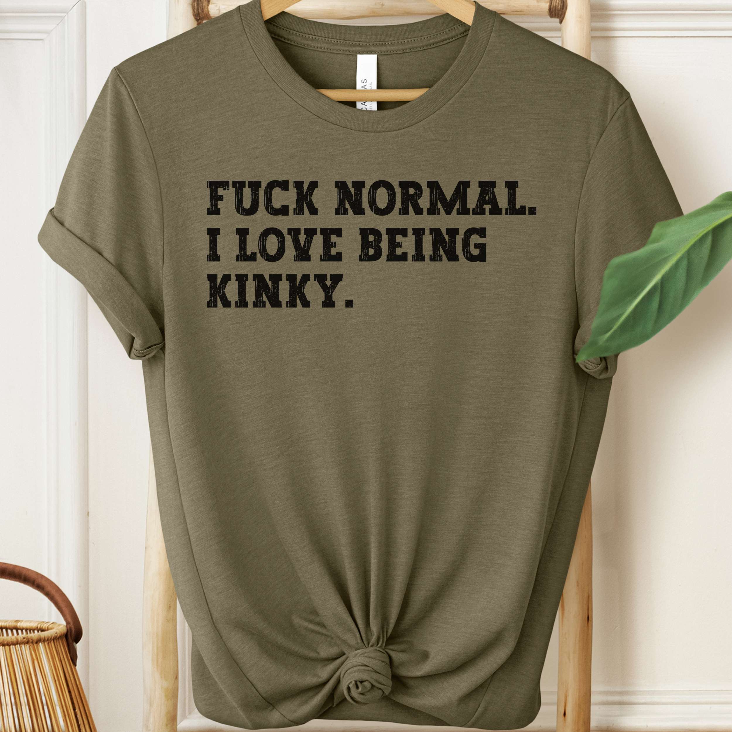 Olive green t-shirt with text 'FUCK NORMAL. I LOVE BEING KINKY.' on a hanger.