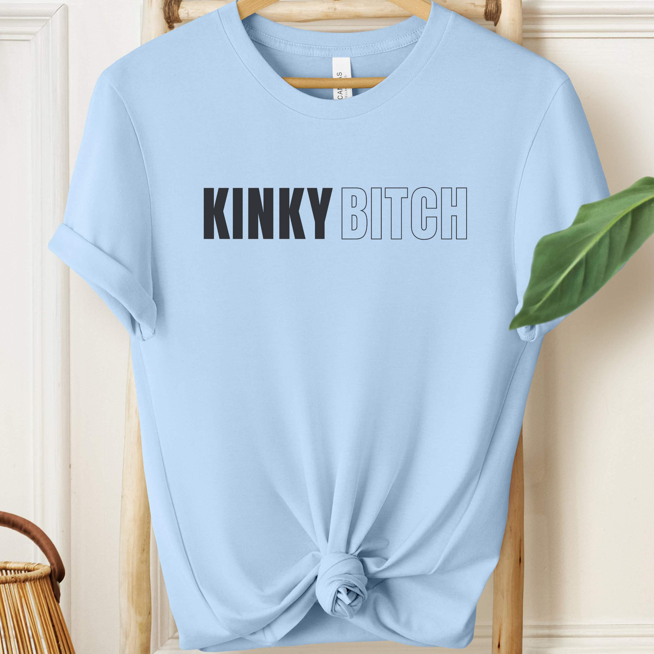 Light blue t-shirt with 'KINKY BITCH' text on a wooden hanger.