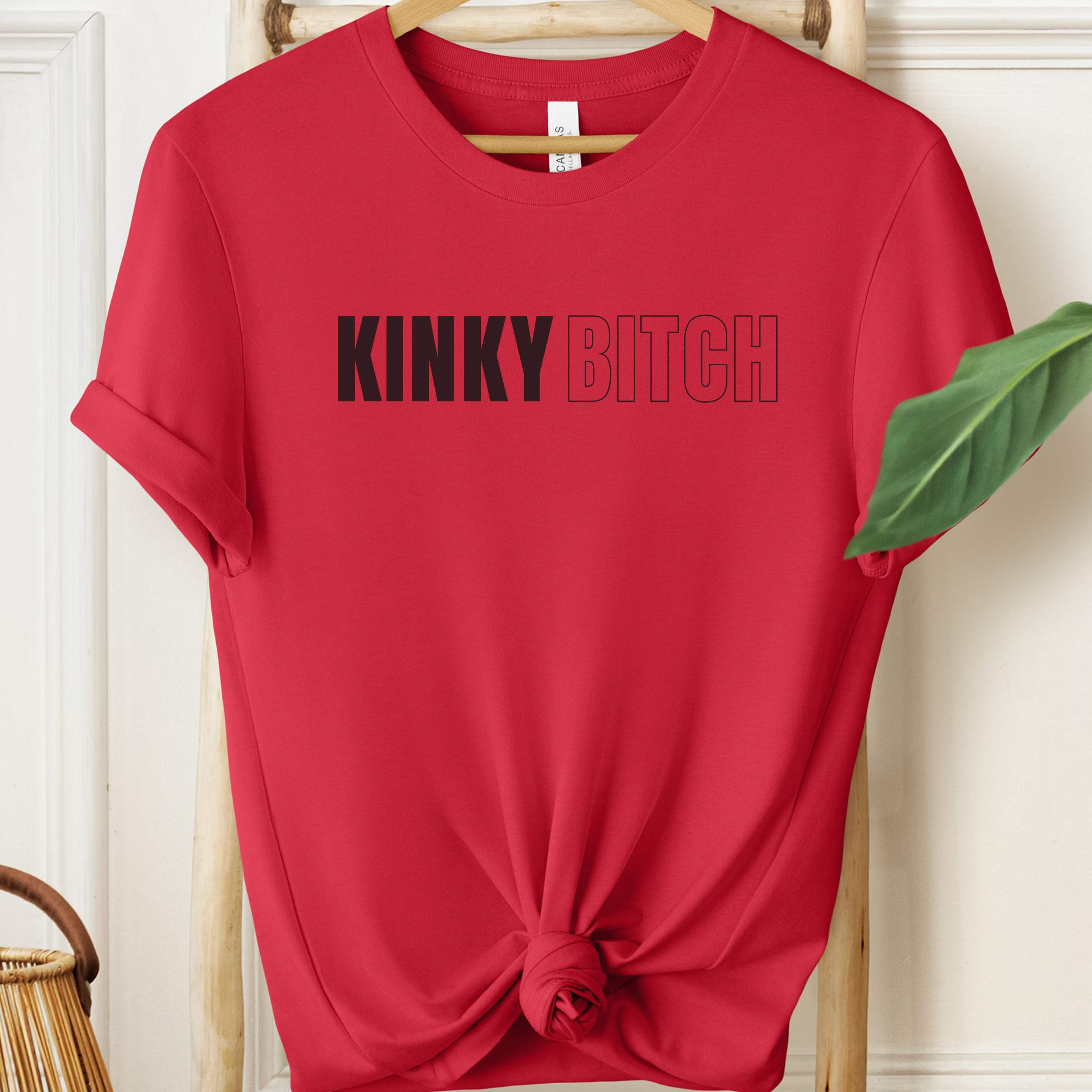 Red t-shirt with 'KINKY BITCH' text on a hanger against a white wall.