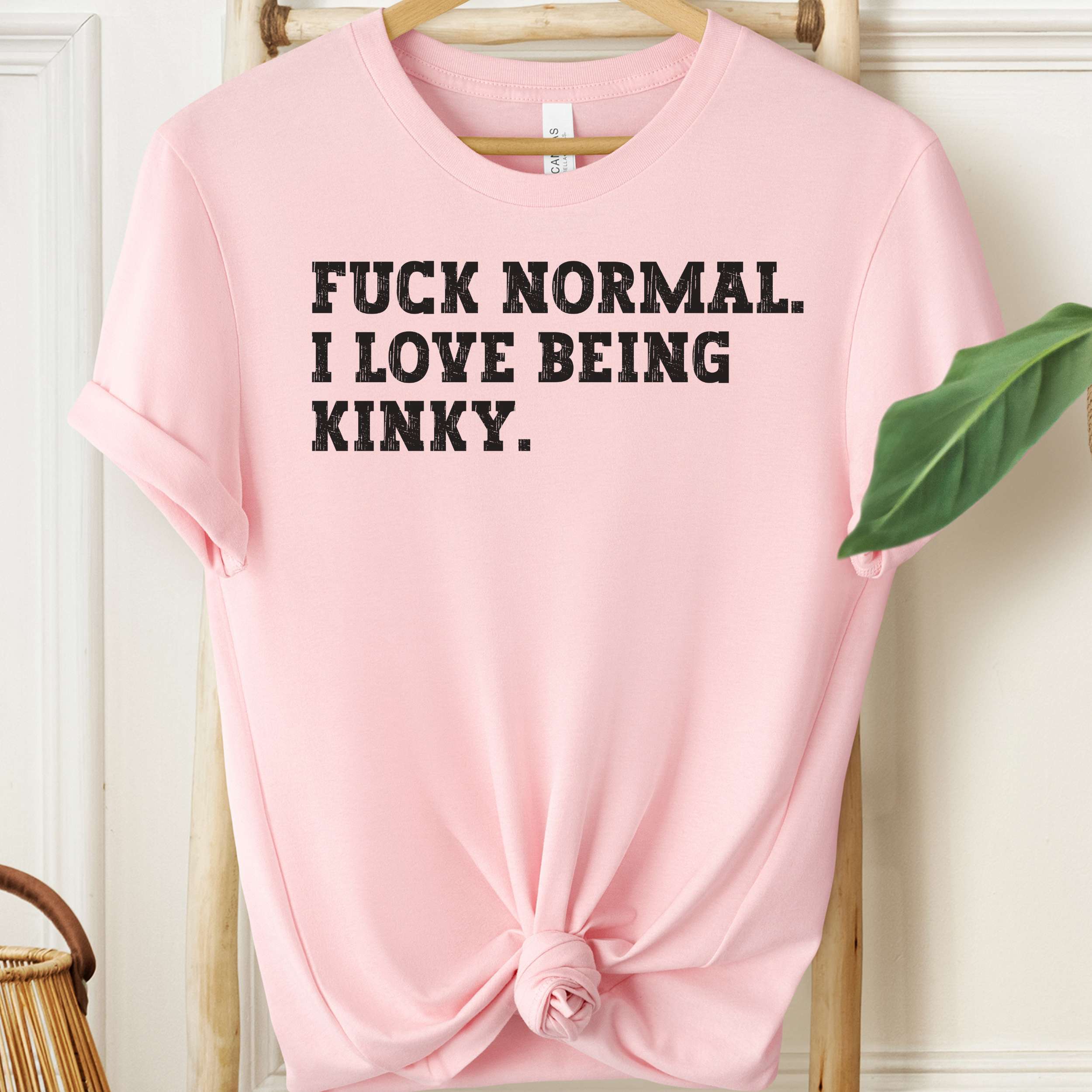Pink t-shirt with black text on a hanger against a white wall.