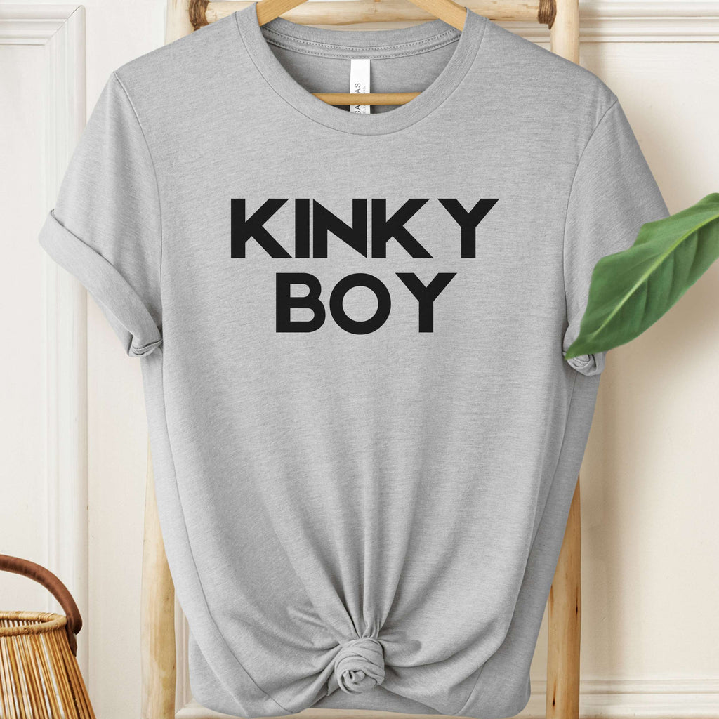 Gray t-shirt with 'KINKY BOY' text on a hanger against a neutral background