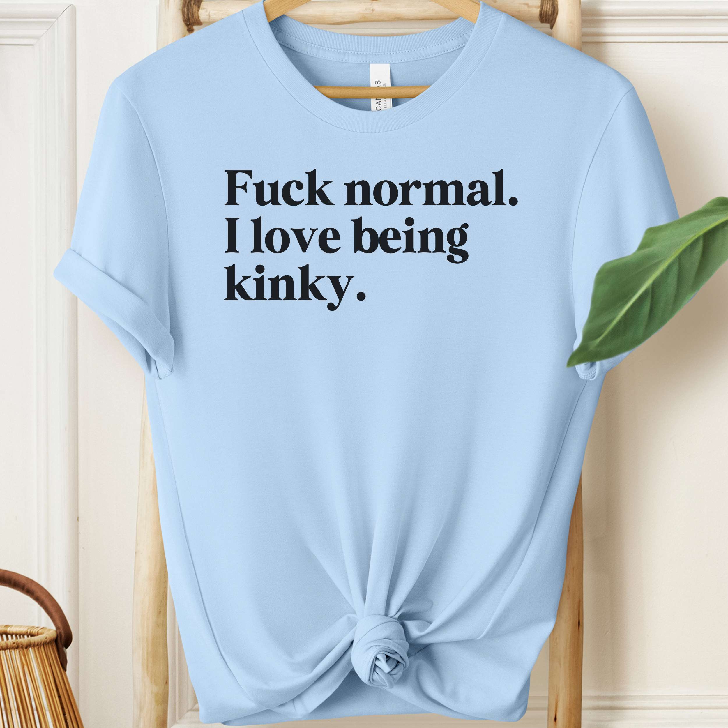 Light blue t-shirt with black text on a wooden hanger against a neutral background