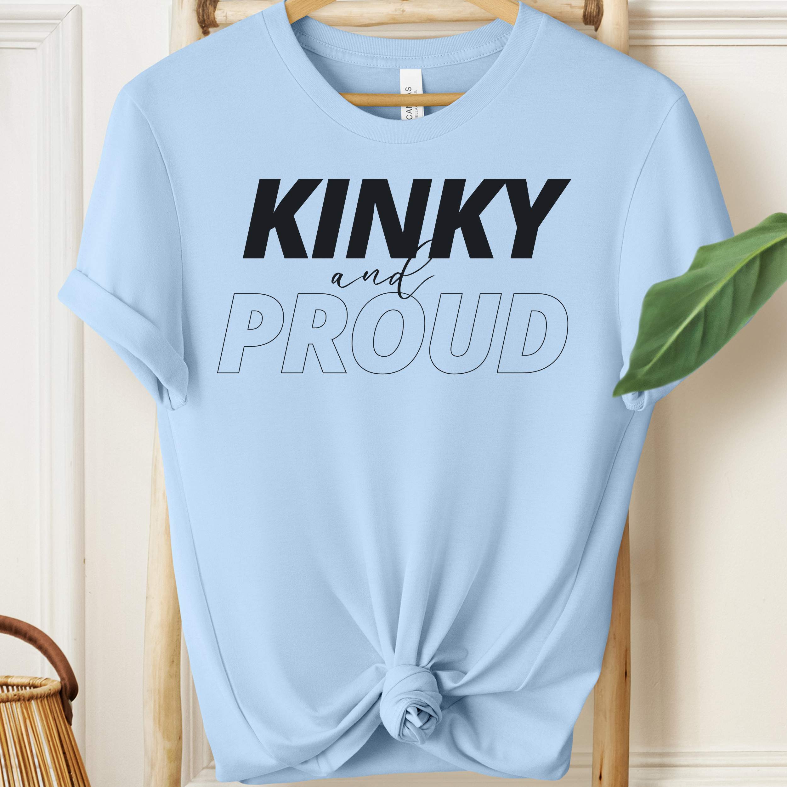 Light blue t-shirt with 'Kinky and Proud' text on a wooden hanger.