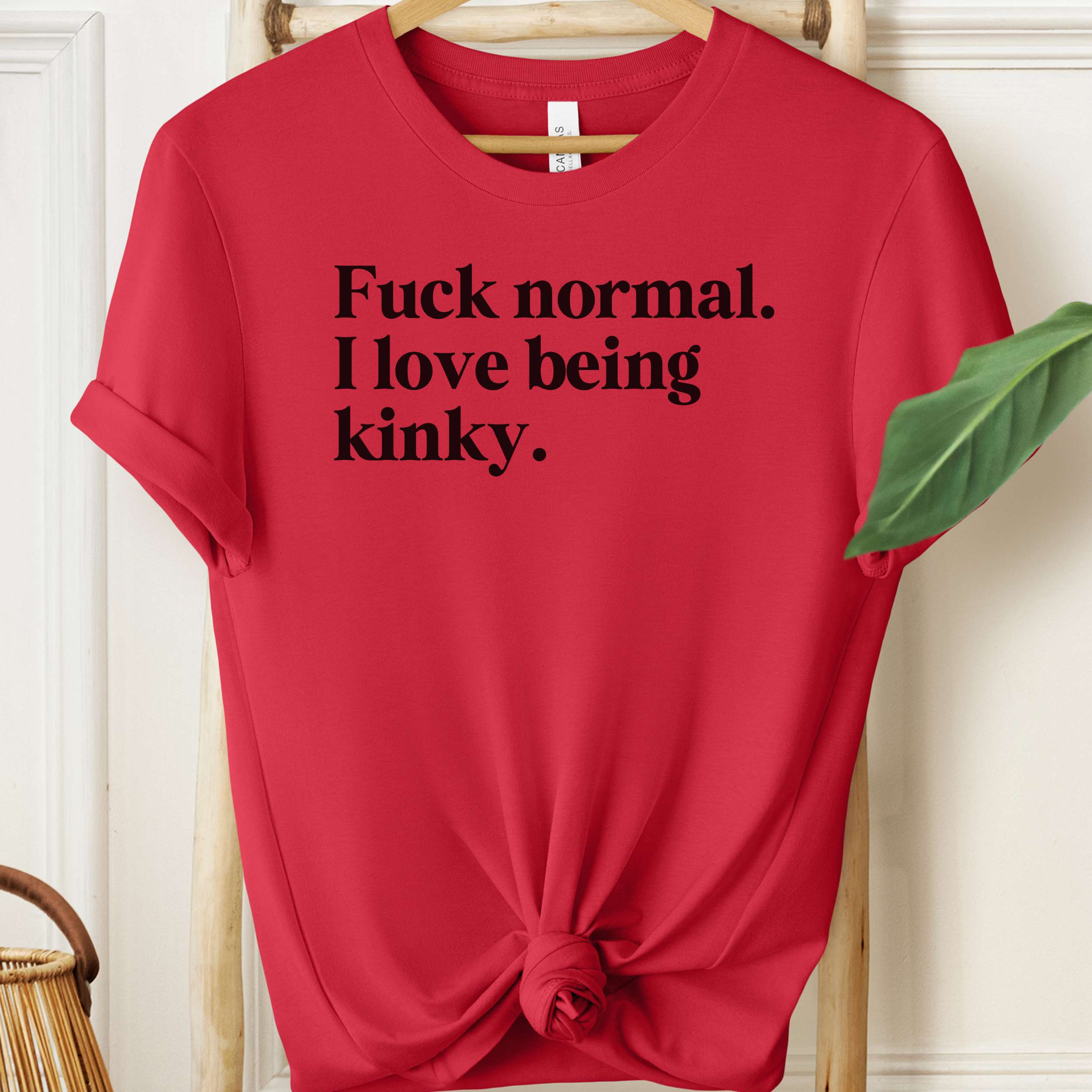 Red t-shirt with black text on a hanger against a white wall.