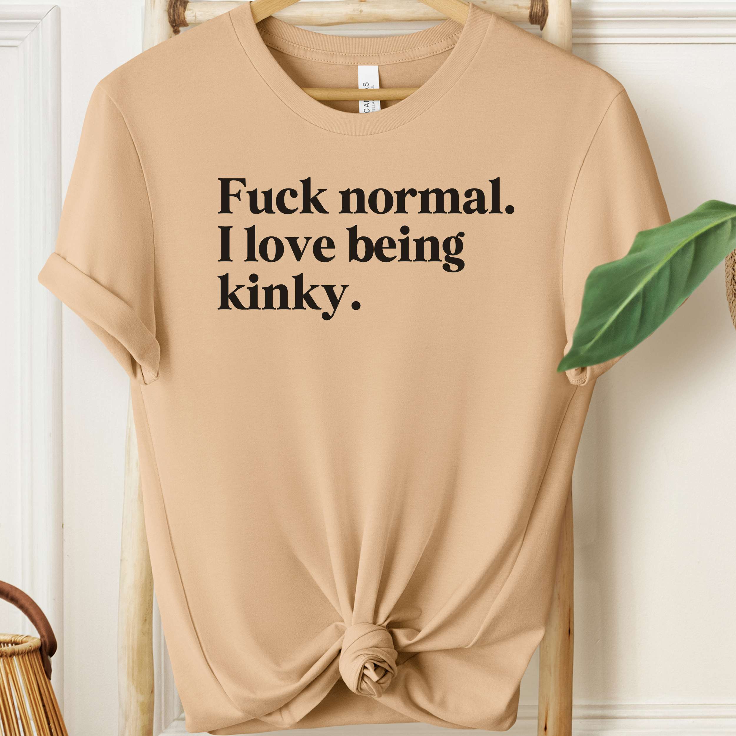 Beige t-shirt with black text on a wooden hanger against a white wall.