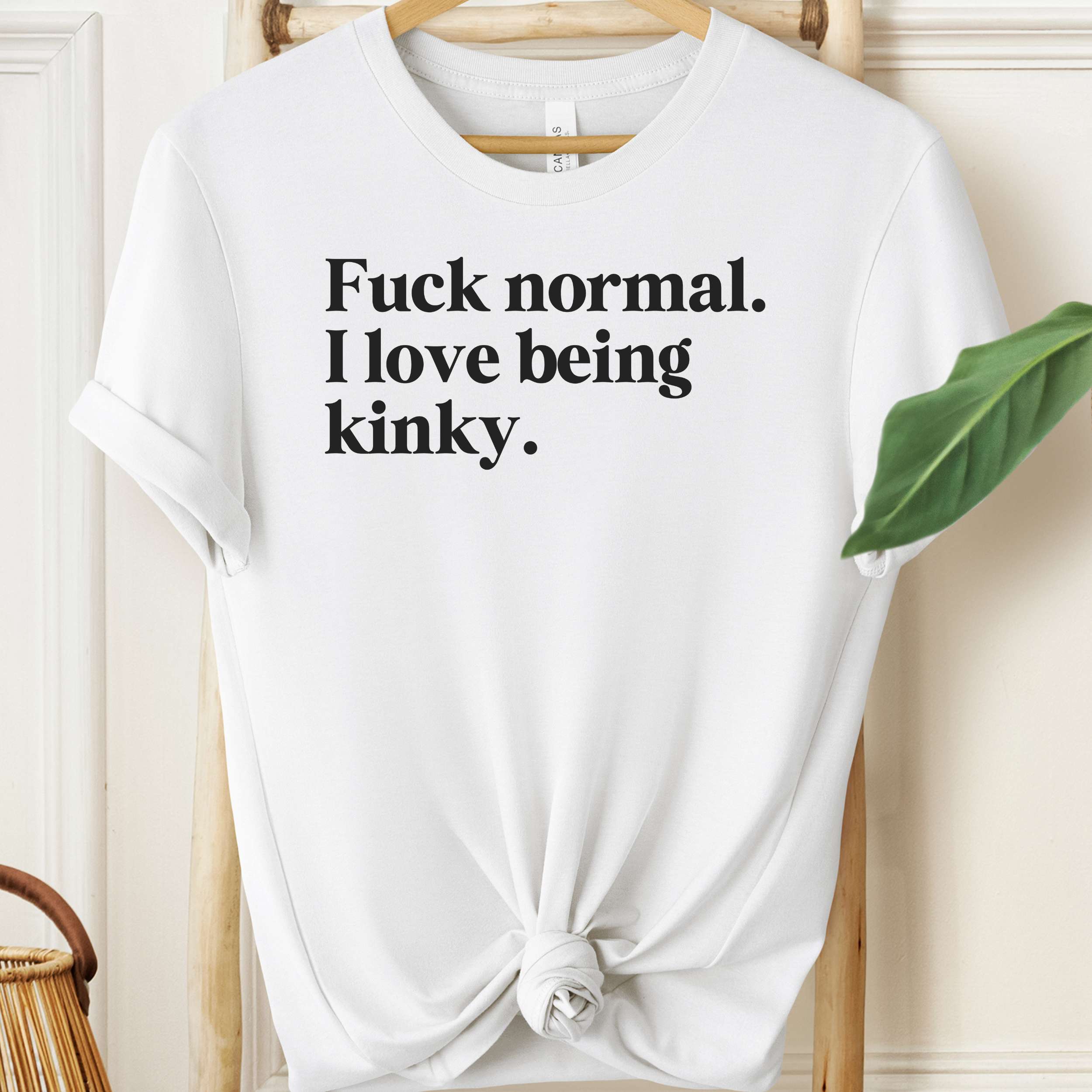 White t-shirt with black text 'Fuck normal. I love being kinky.' on a hanger.