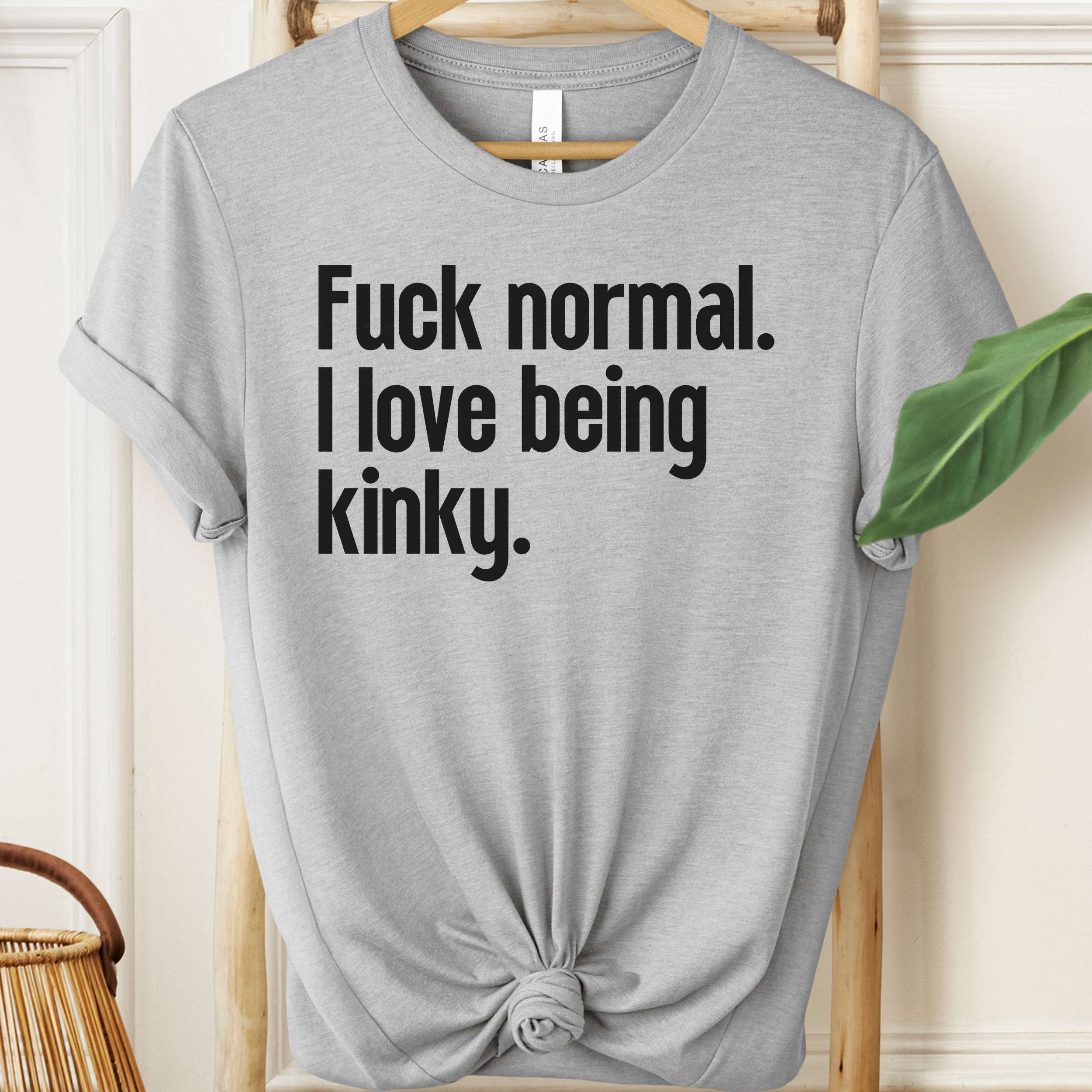Gray t-shirt with black text 'Fuck normal. I love being kinky.' on a hanger.