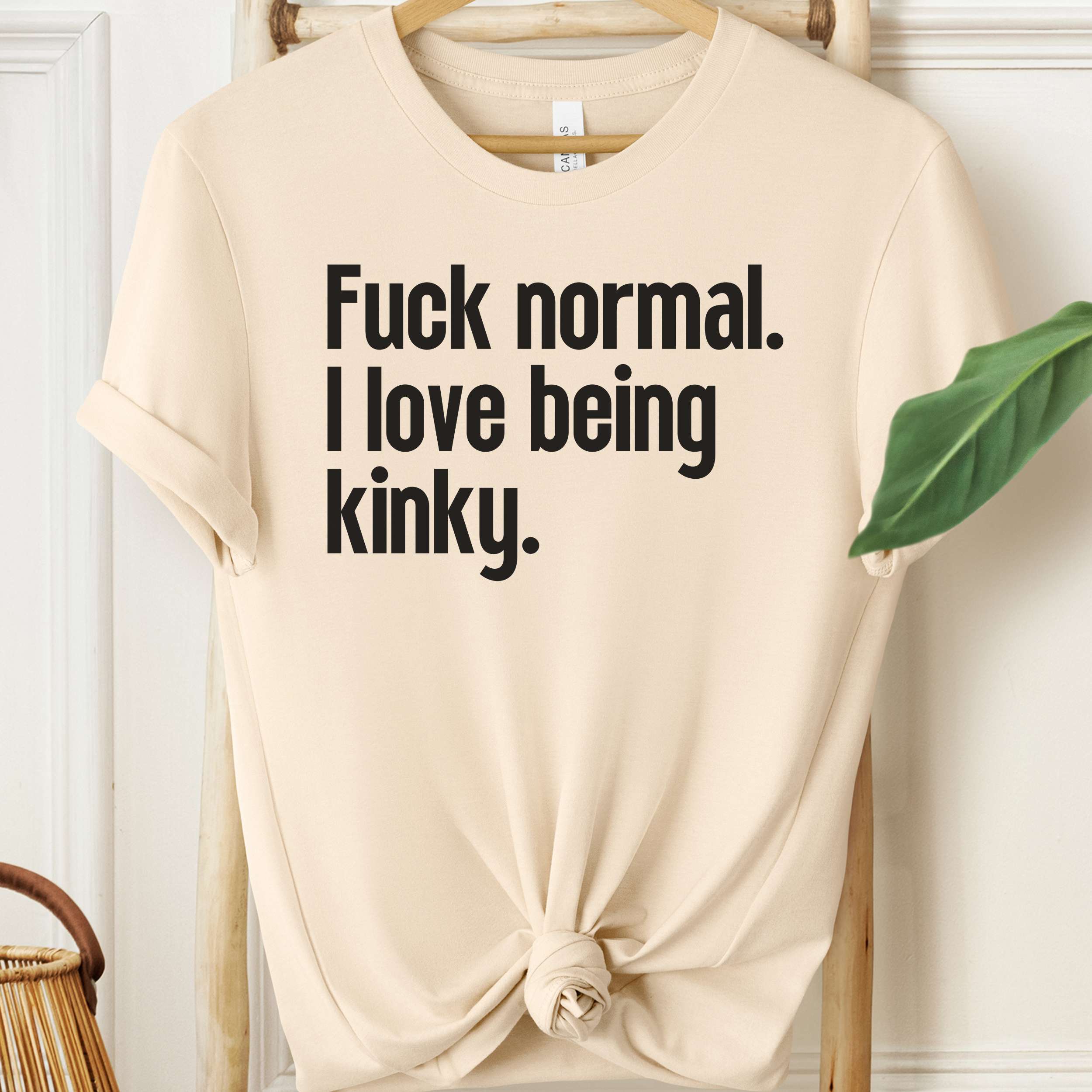Beige t-shirt with black text 'Fuck normal. I love being kinky.' on a hanger.