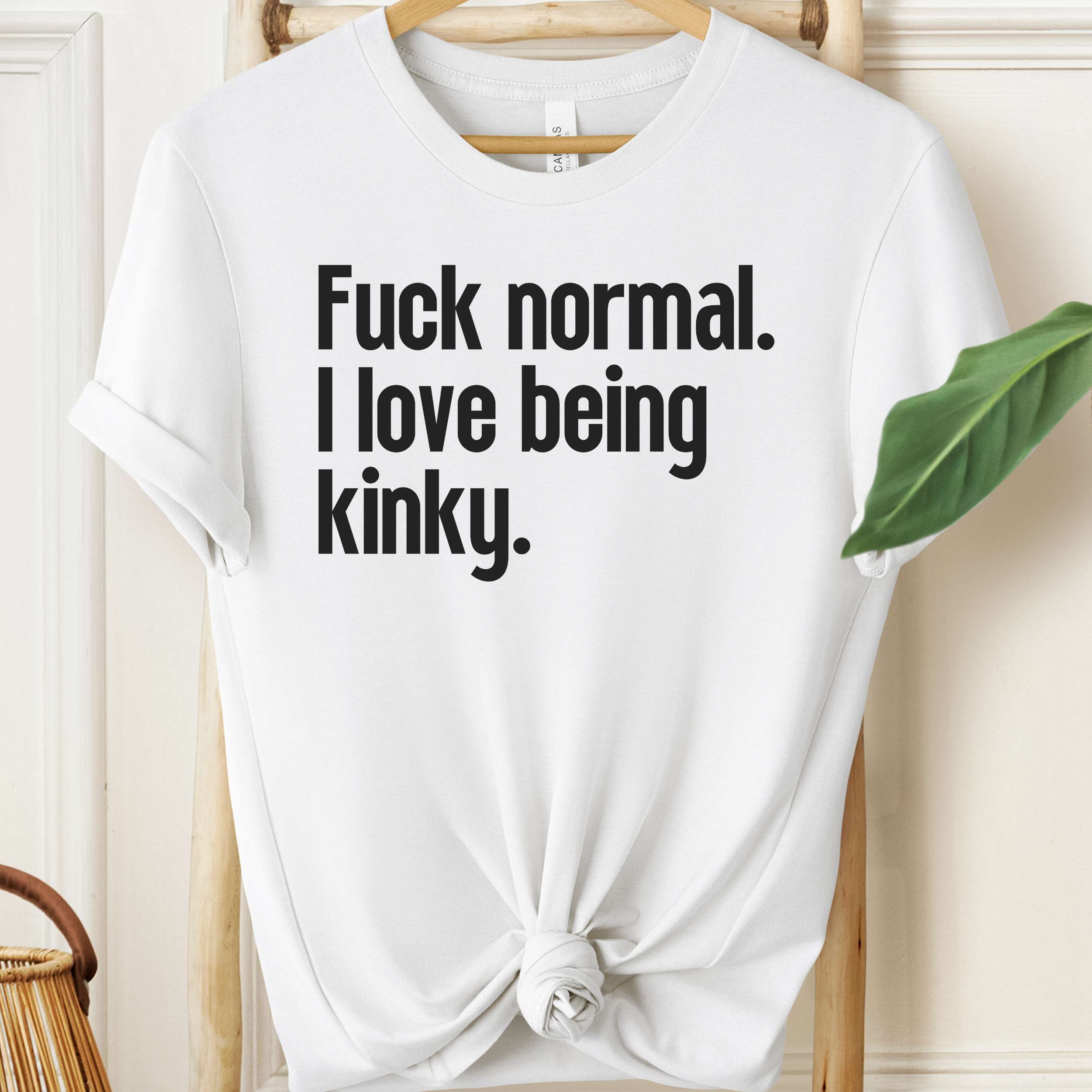 White t-shirt with black text 'Fuck normal. I love being kinky.' on a hanger.