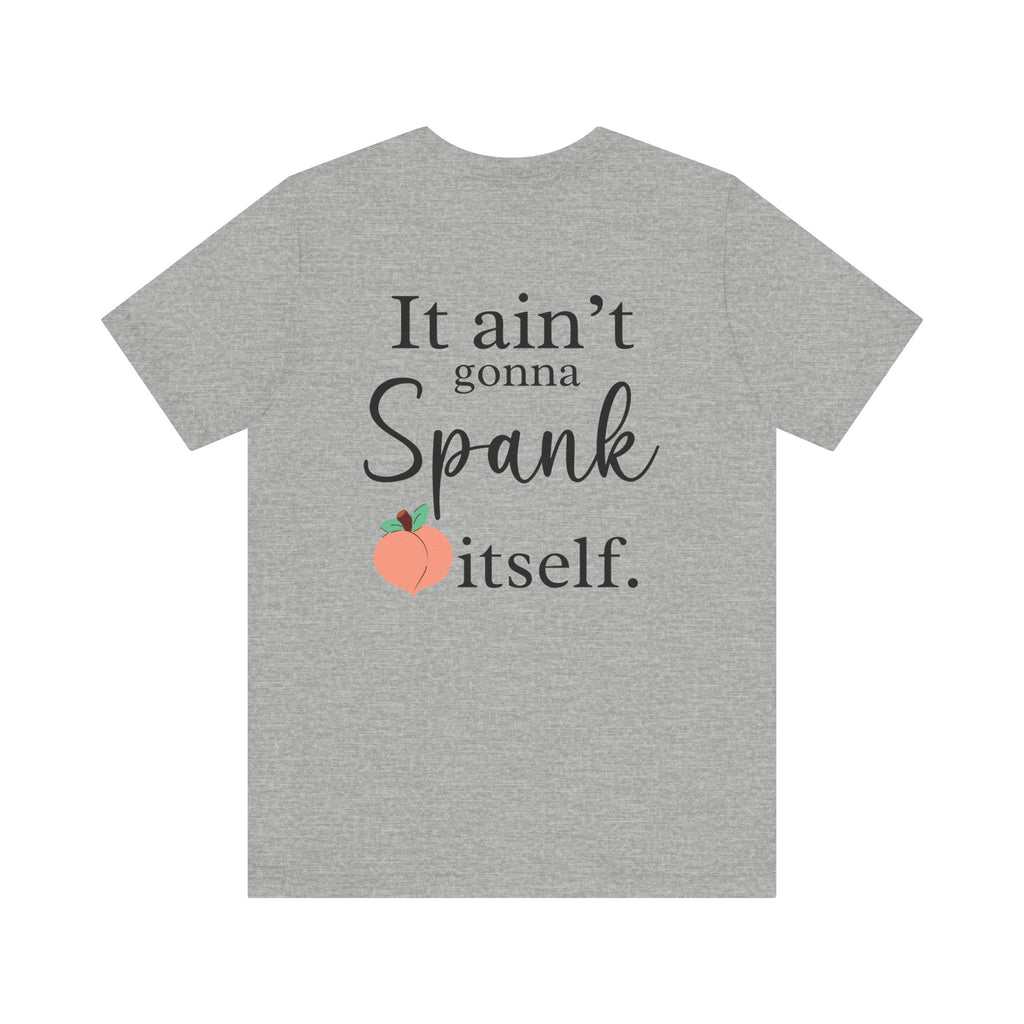 Gray t-shirt with humorous text and peach graphic on a white background