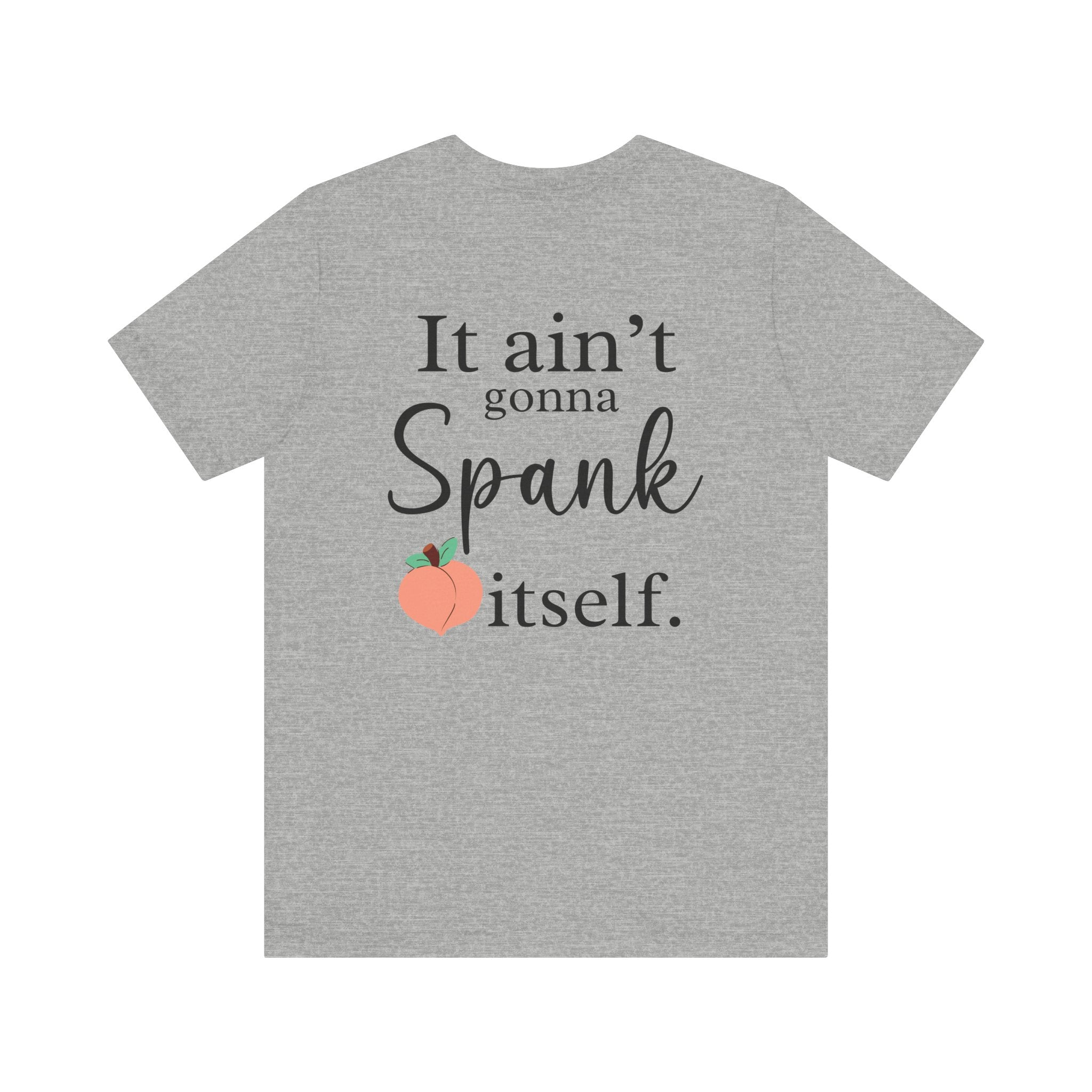 Gray t-shirt with humorous text and peach graphic on a white background