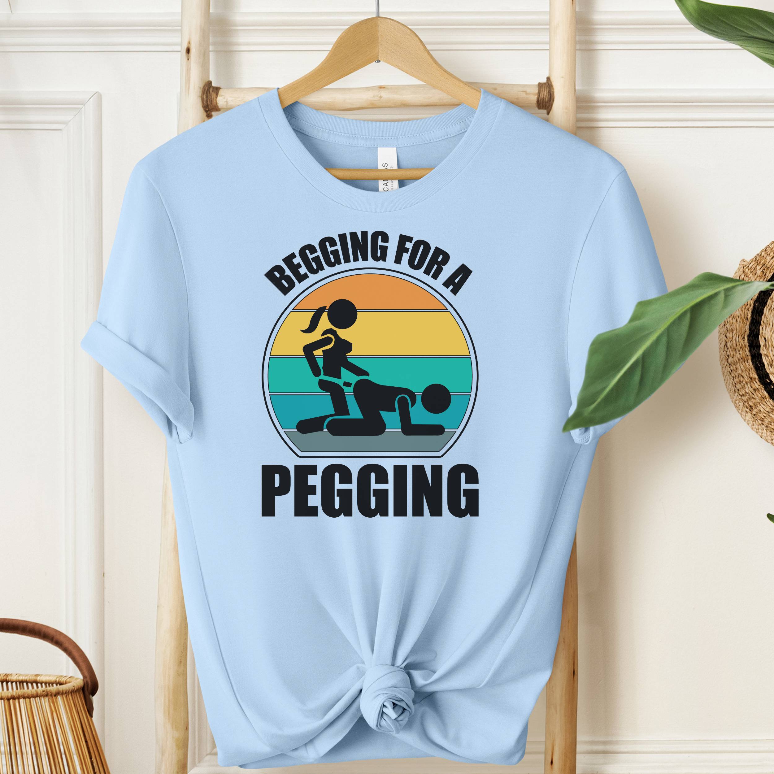 Light blue t-shirt with graphic design and text 'Begging for a Pegging' on a wooden hanger.
