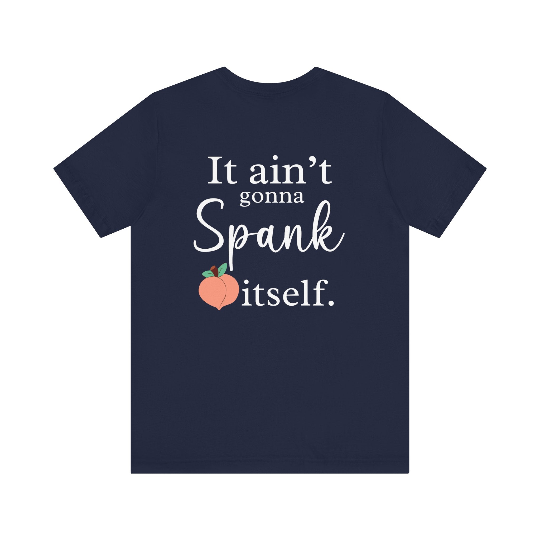 Navy blue t-shirt with white text and peach graphic on a white background