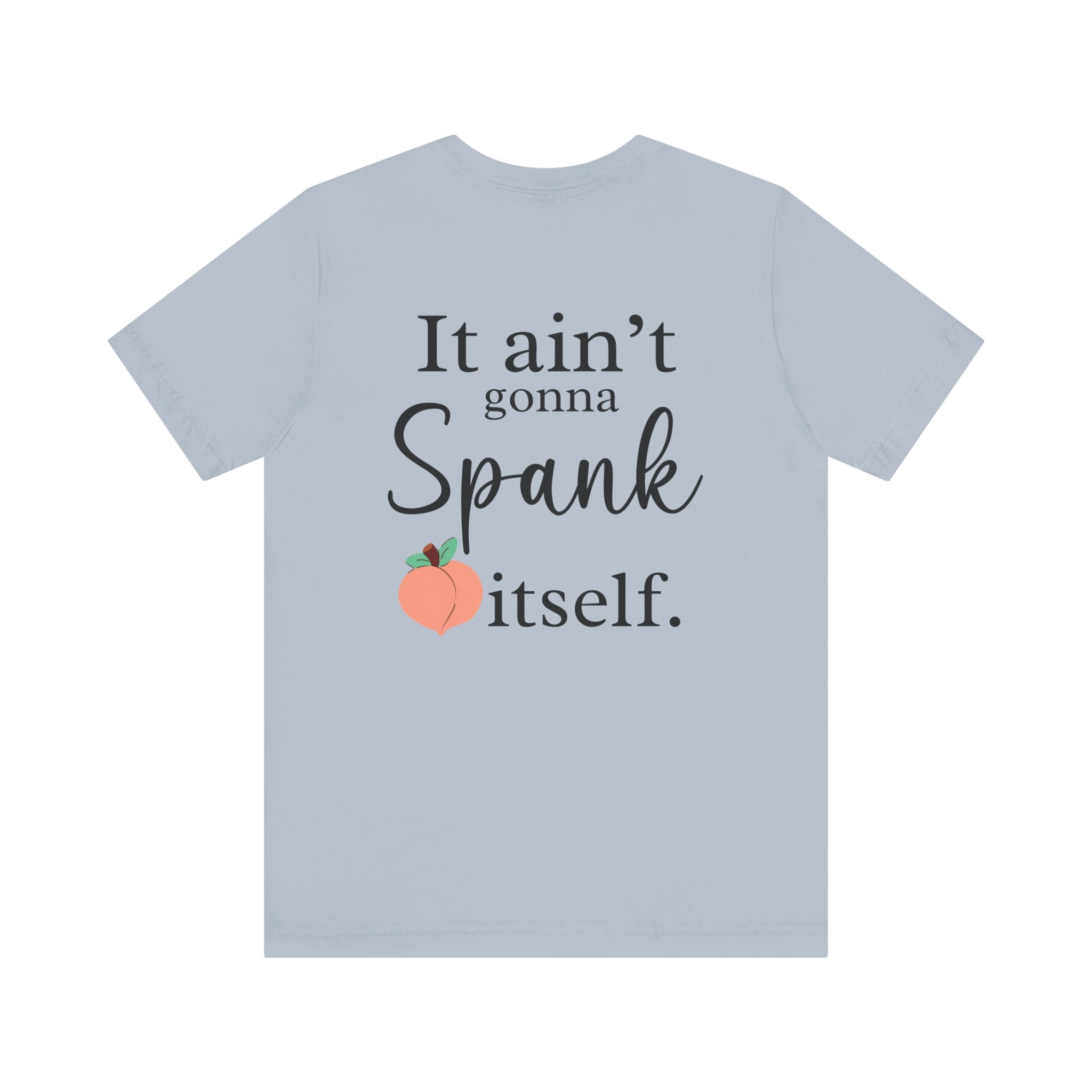 Light blue t-shirt with text and peach graphic on a white background