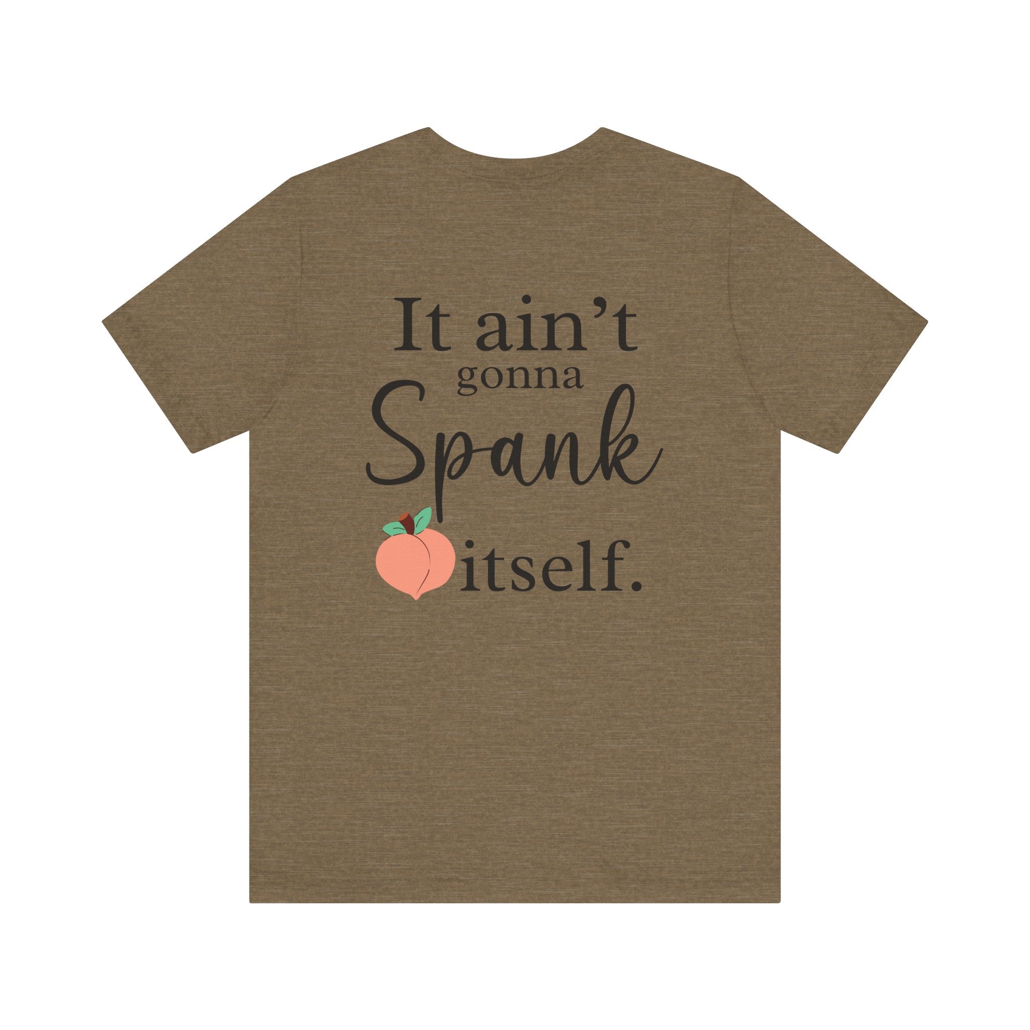Brown t-shirt with text and peach graphic on a white background