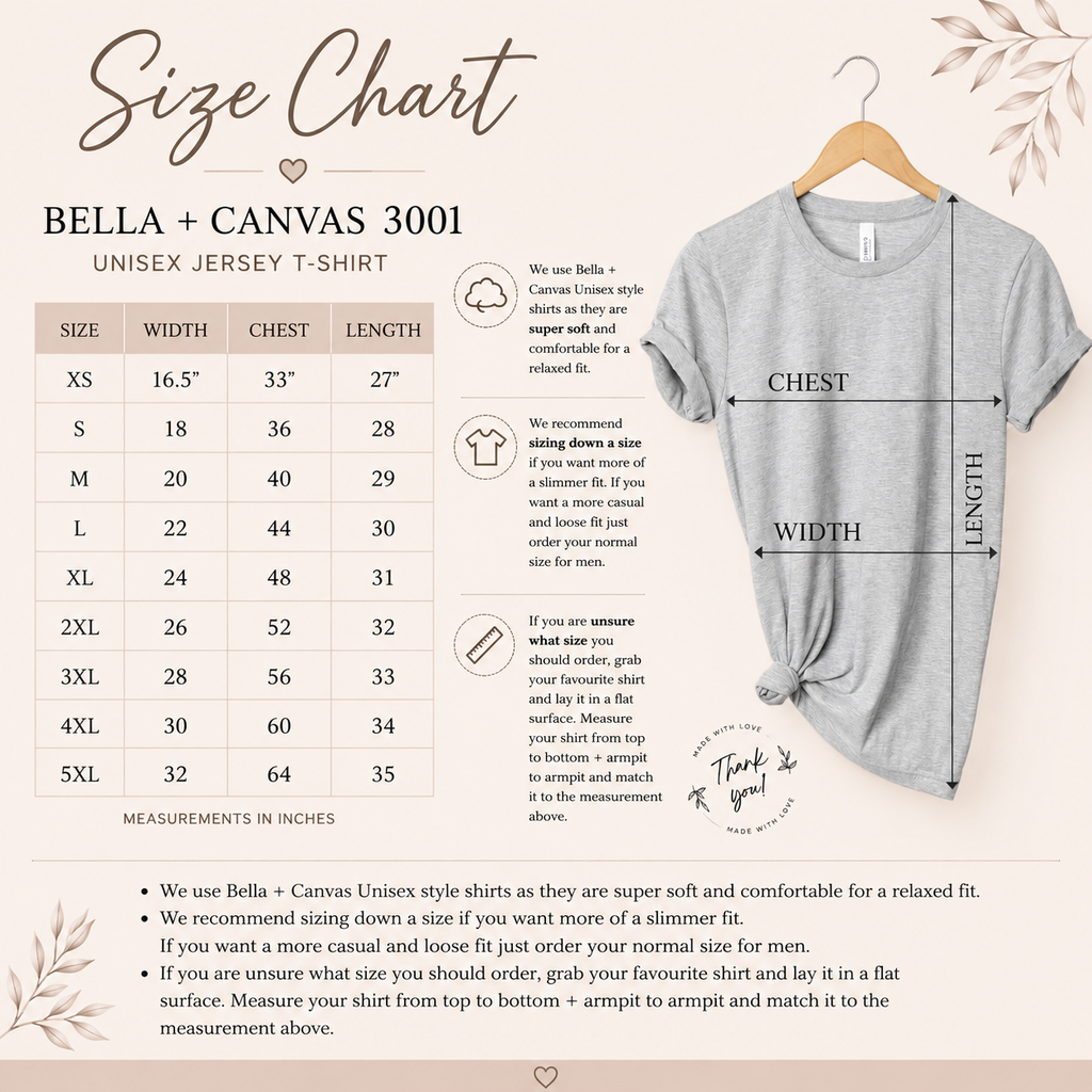 A size chart graphic for Bella + Canvas 3000 unisex jersey T-shirts, showing a size table from XS to 5XL with width, chest, and length measurements. The left side contains sizing information and notes, while the right side shows a light gray fitted T-shirt on a hanger with labeled chest, width, and length measurements.