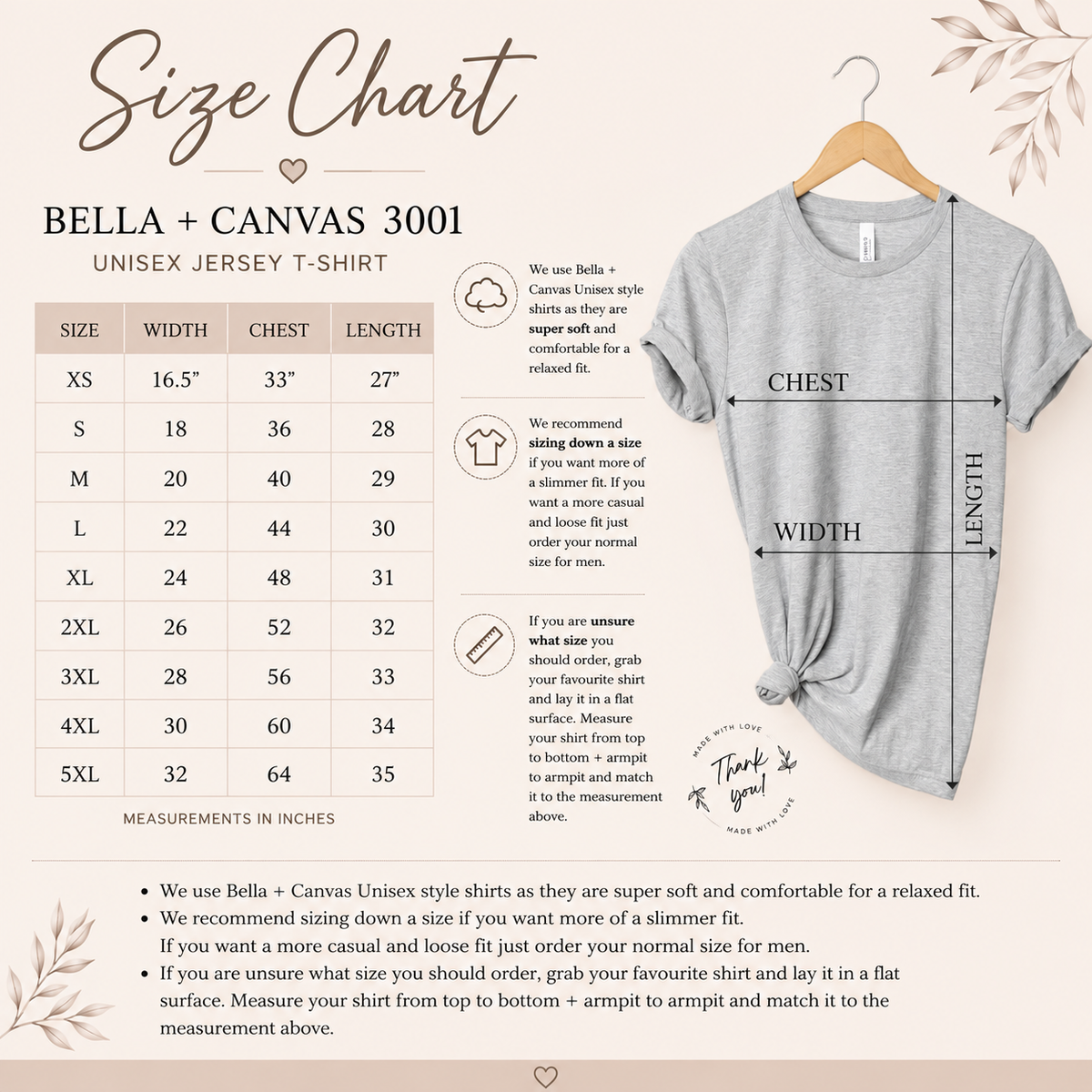 A size chart graphic for Bella + Canvas 3000 unisex jersey T-shirts, showing a size table from XS to 5XL with width, chest, and length measurements. The left side contains sizing information and notes, while the right side shows a light gray fitted T-shirt on a hanger with labeled chest, width, and length measurements.