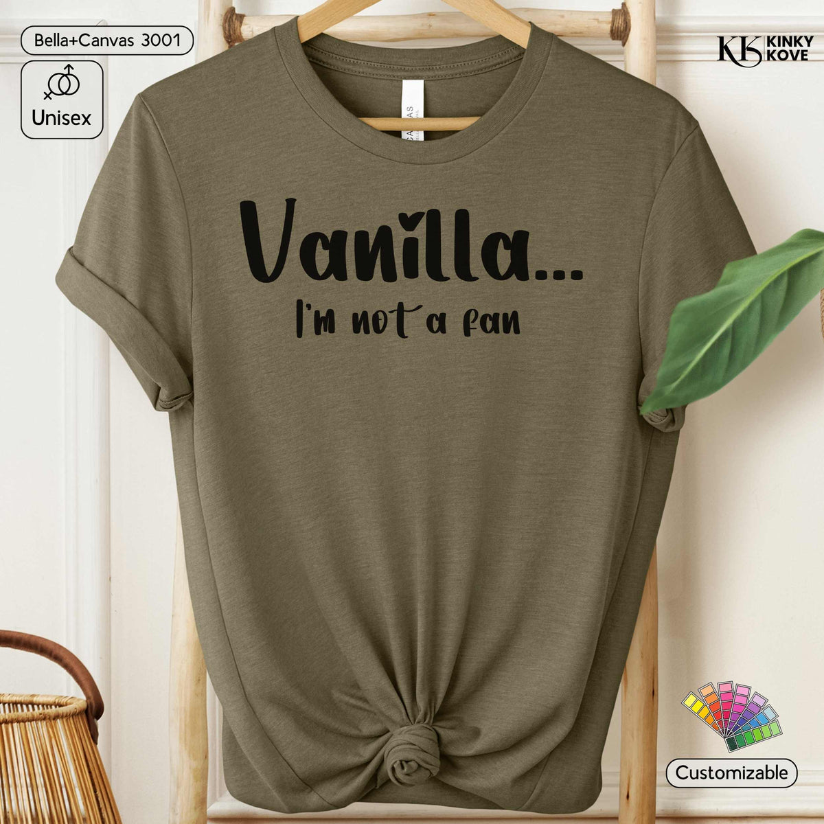 An olive green short-sleeve t-shirt with rolled cuffs and a knotted hem, featuring the black text 'Vanilla.