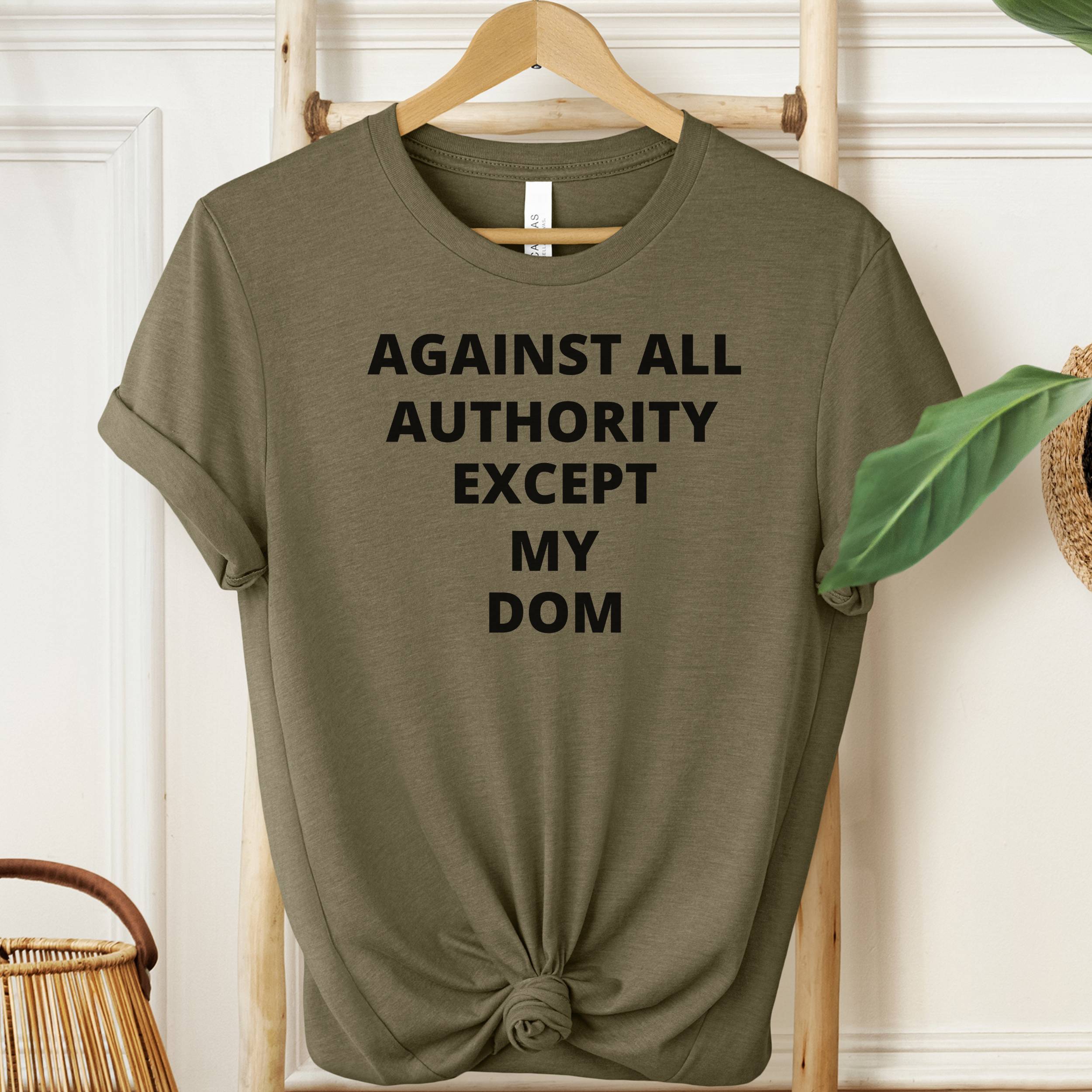 Green t-shirt with text 'AGAINST ALL AUTHORITY EXCEPT MY DOM' on a hanger.