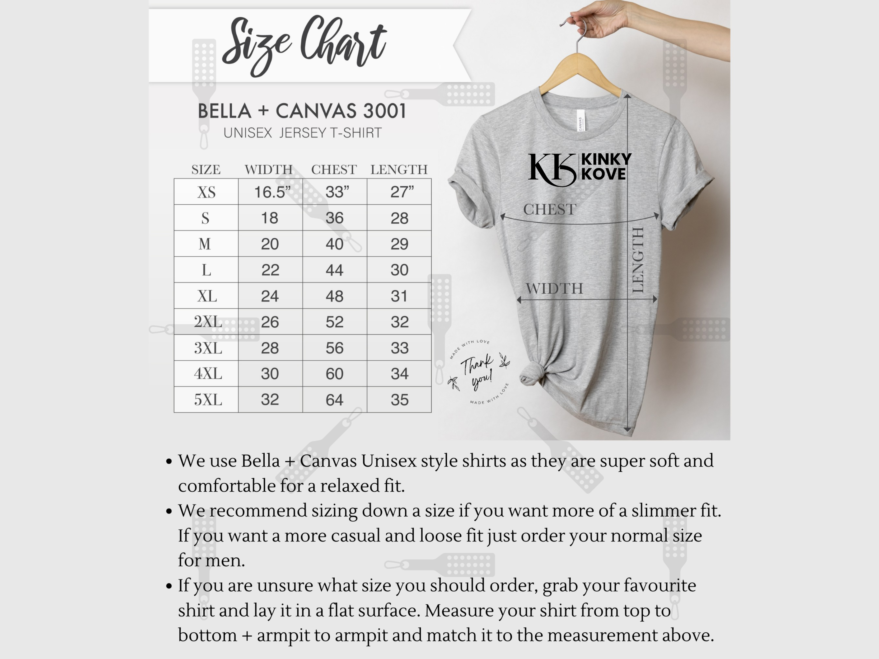 Gray t-shirt with 'Kinky Kove' text on a size chart and measurement guide.