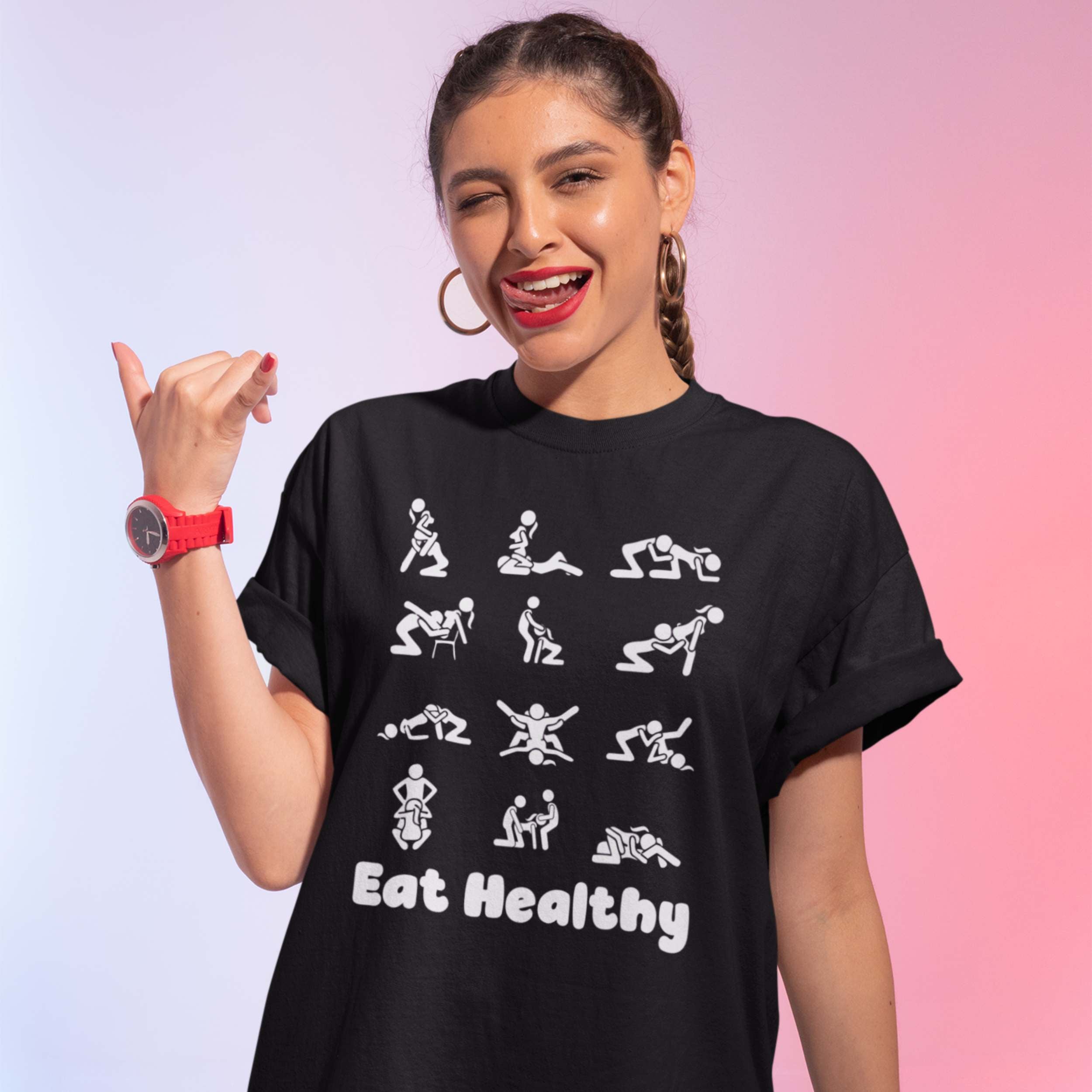 Eat Healthy adult humor t-shirt with white graphic icons on heather fabric