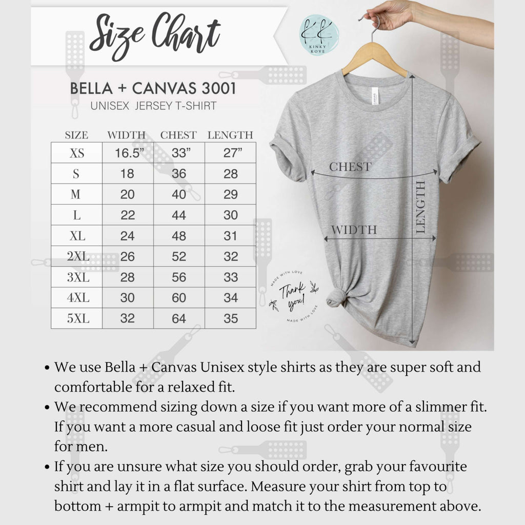 Size chart for Bella + Canvas 3001 t-shirts with a gray t-shirt on a hanger.