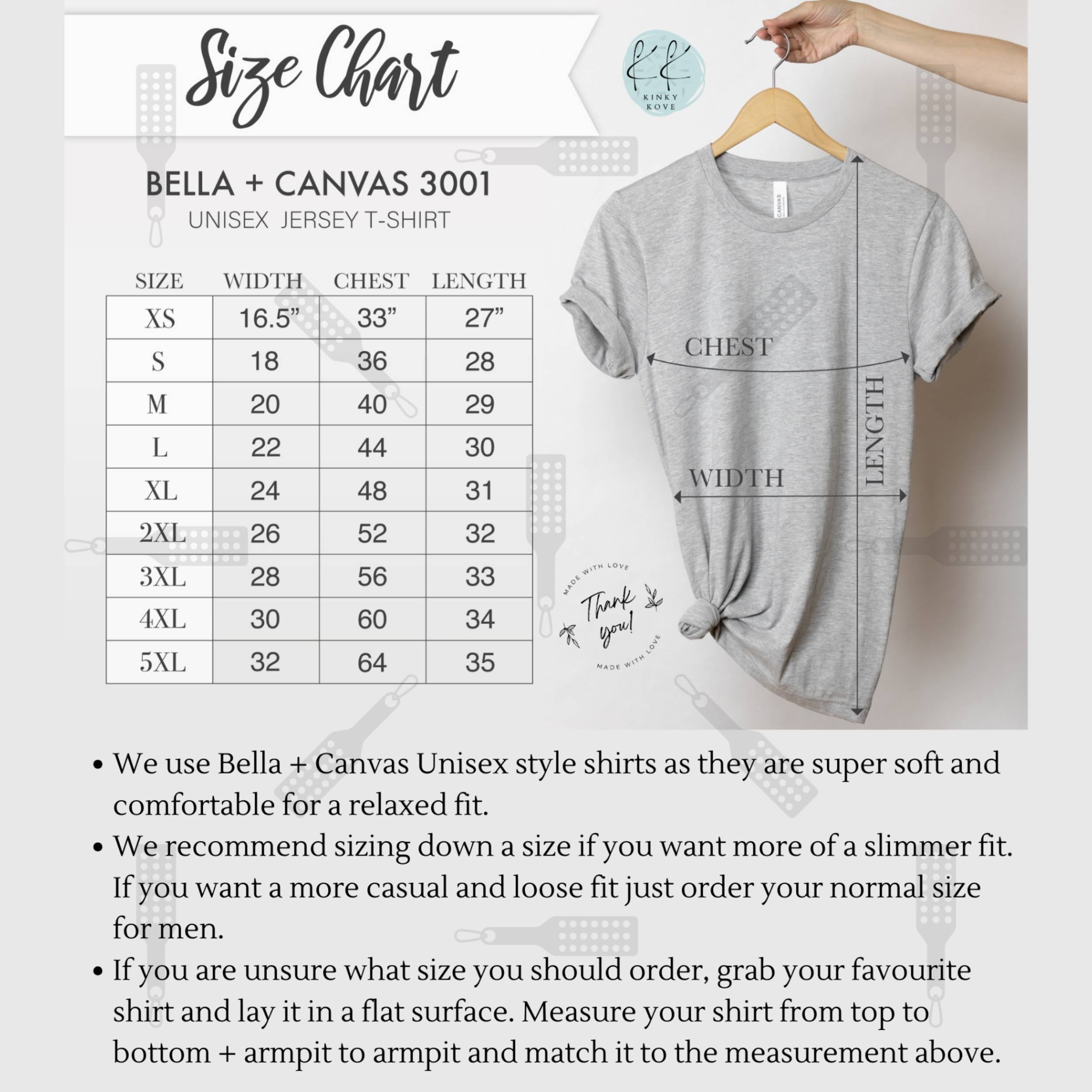 Size chart for Bella + Canvas 3001 t-shirt with a gray t-shirt on a hanger.